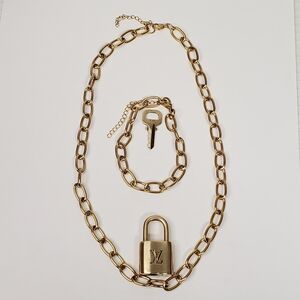 Authentic Louis Vuitton Gold Lock with Unbranded Stainless Steel Necklace 021626